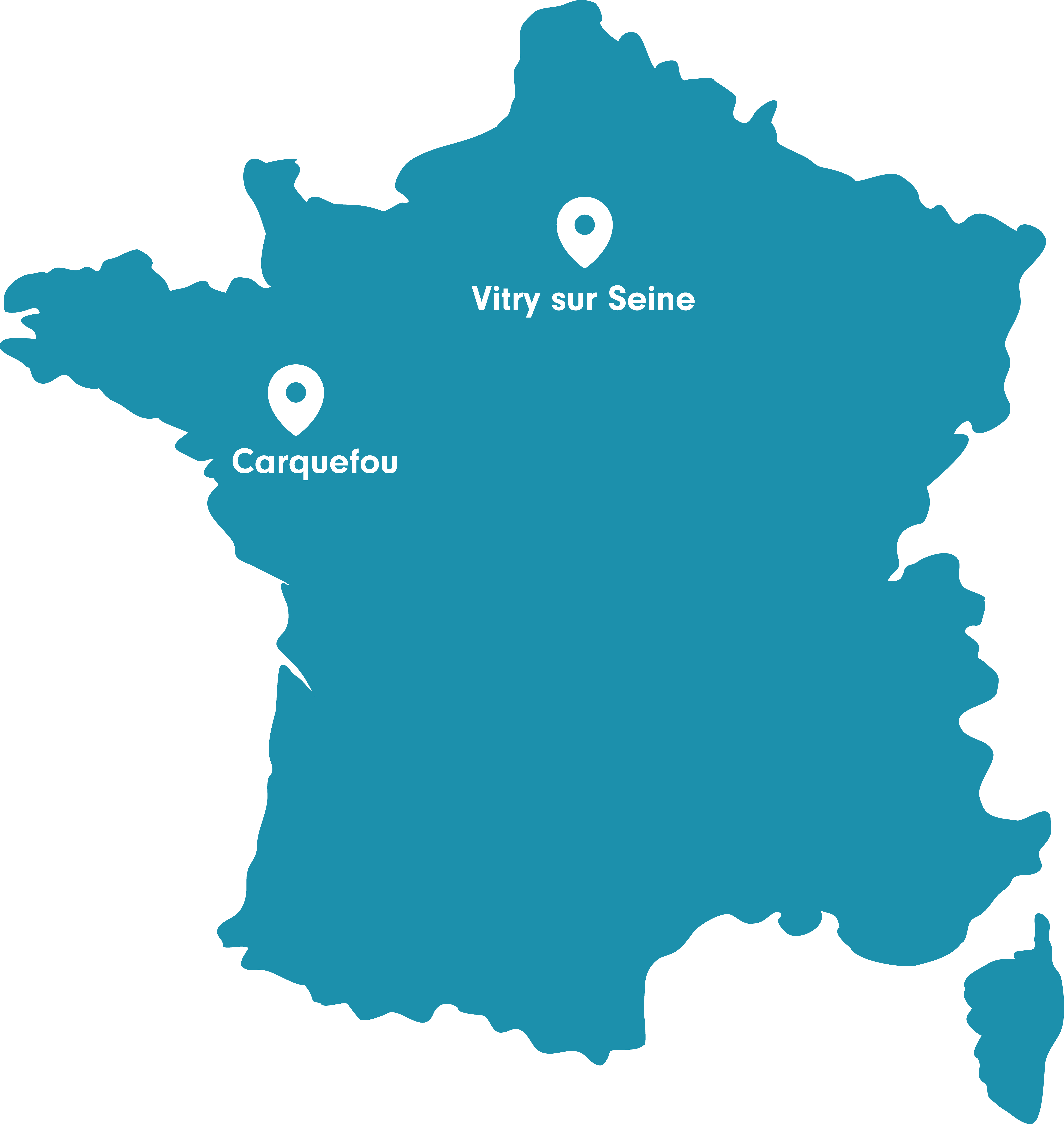 Illustration d'une carte de France avec des points de localisation à Carquefou et Vitry sur Seine